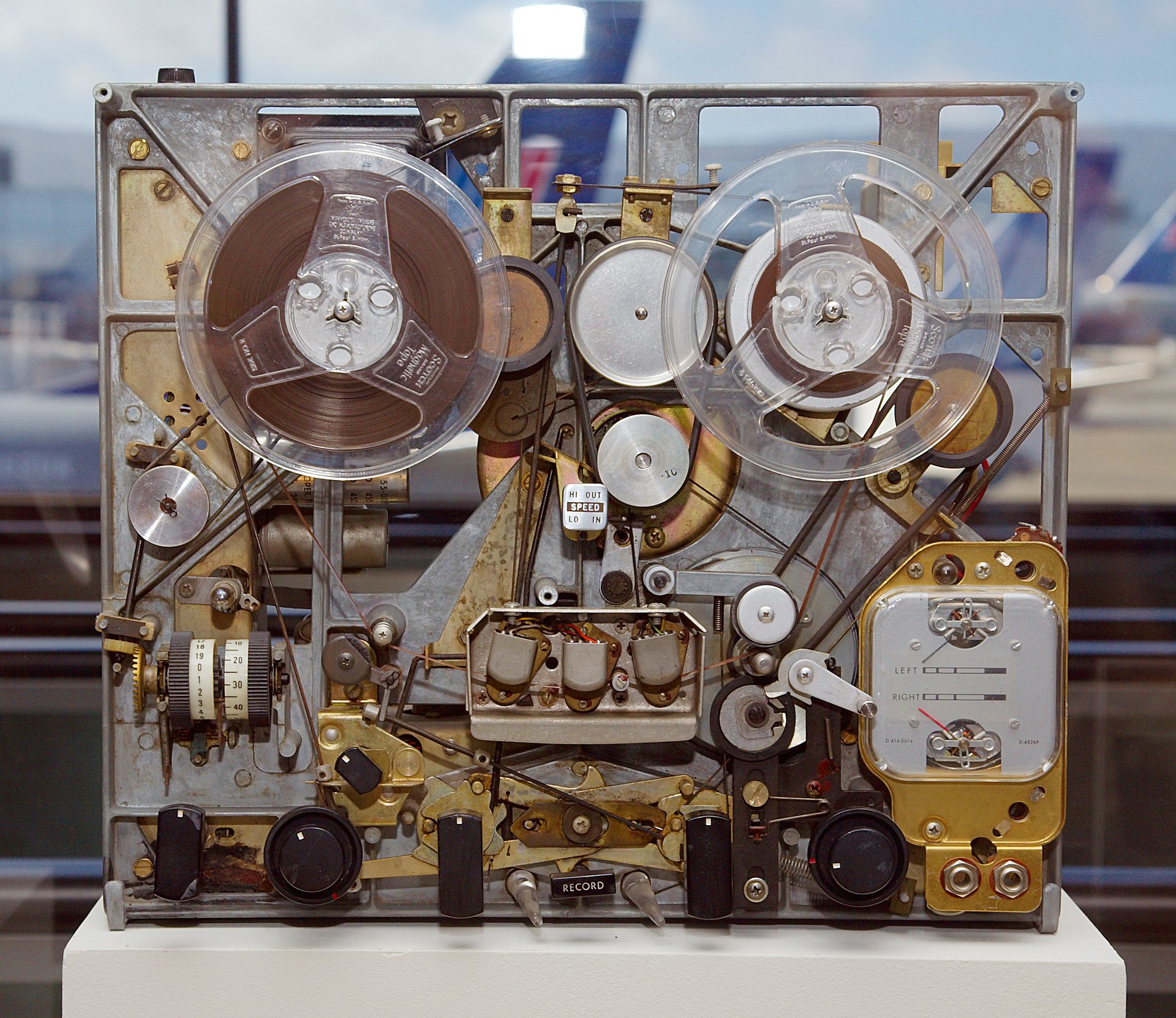 Internals of Ampex Fine Line F-44, a 3-head Ampex home-use audio tape recorder, c. 1965