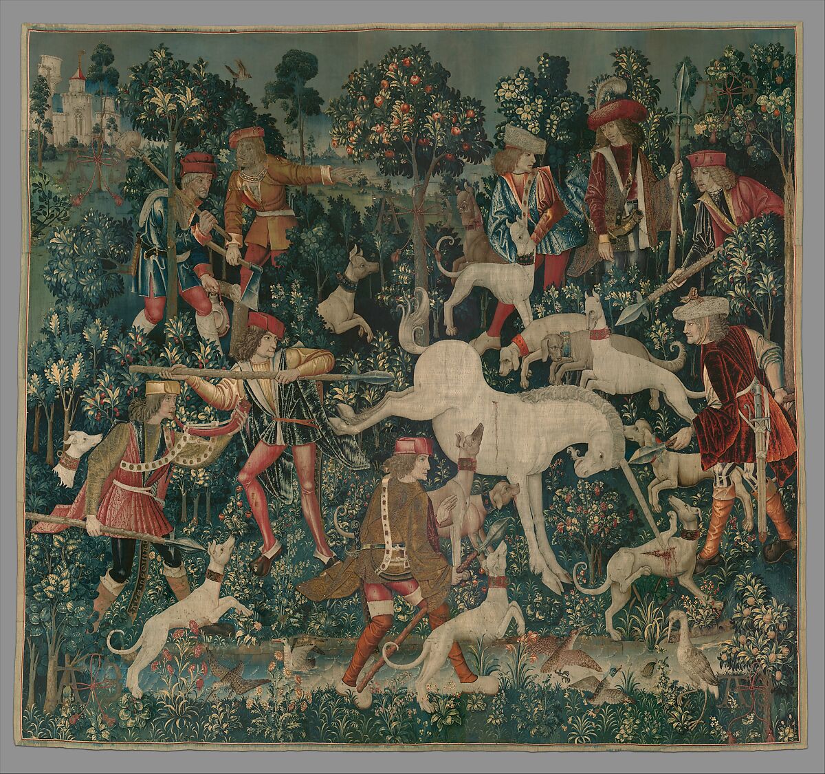 The Unicorn Defends Itself (from the Unicorn Tapestries), depicting a unicorn surrounded by hunters